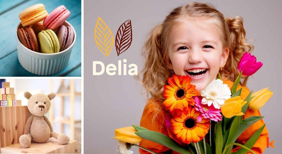 Baby name Delia - Cute baby, smiling ,flowers, macarons & toys. 