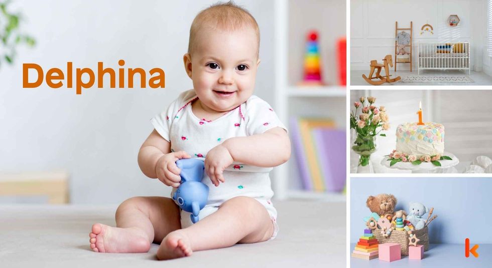 Baby name Delphina - Cute baby, toys, cake & cradle.