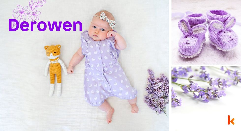 Baby Name Derowen - cute baby, purple Flower.