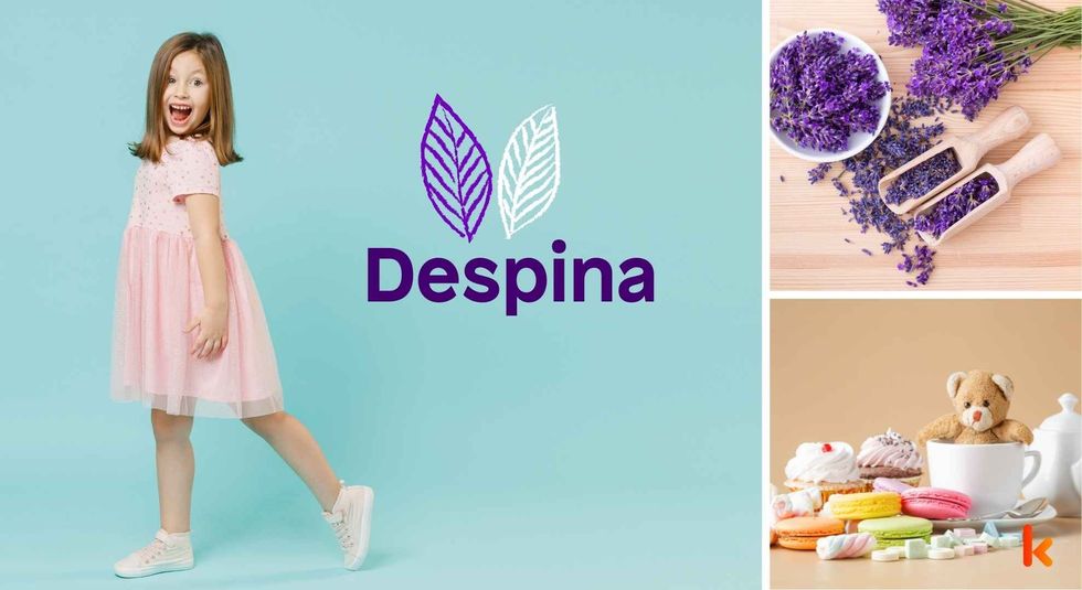 Baby name Despina - Cute girl, purple flowers & desserts.