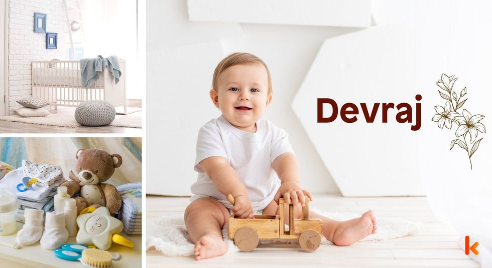 Baby name Devraj - cute baby, flowers, clothes, crib, accessories and toys.