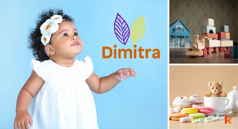 Baby name Dimitra - Cute baby, toy train & desserts.