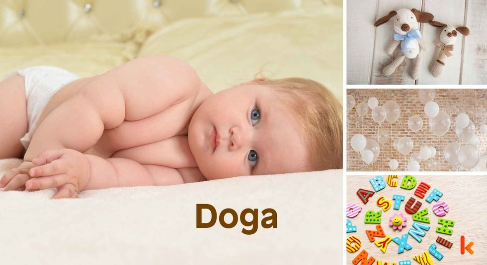 Baby name Doga - Cute baby, balloons, knitted toys & Alphabets blocks.