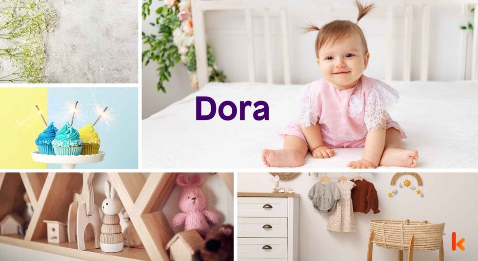 Baby name Dora - Cute baby, cupcakes, toys & flowers. 
