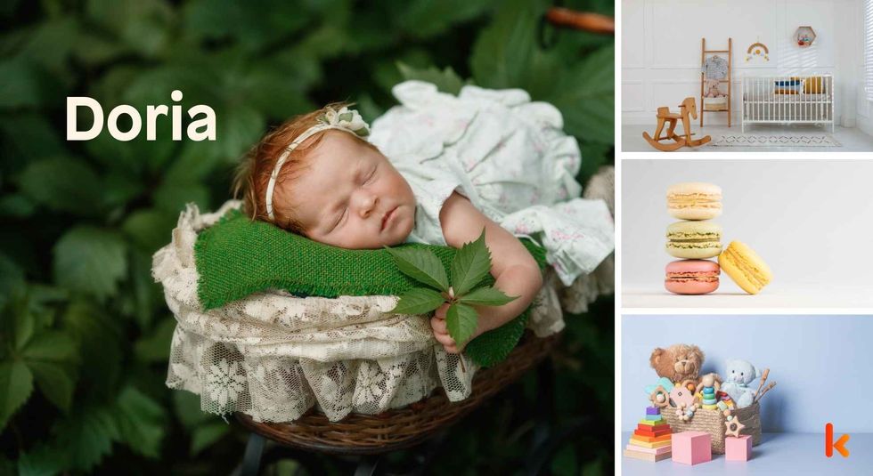 Baby name Doria - Cute baby, basket, cradle, macarons & toys.