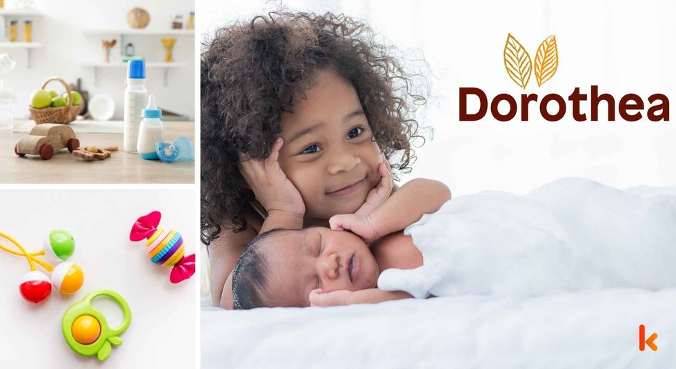 Baby name Dorothea - cute baby, wooden toys, milk bottle & teethers.