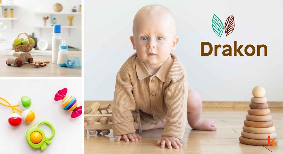 Baby name Drakon - cute baby, wooden toys, milk bottle & teethers.