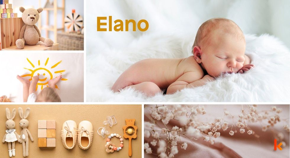 Baby Name Elano - cute baby, teddy toy , lying on fur blanket.