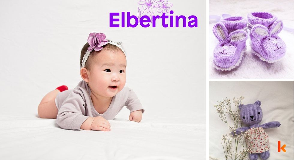 Baby Name Elbertina - cute baby, purple toy , lying on blanket.