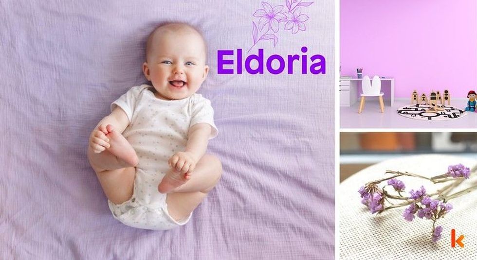 Baby Name Eldoria - cute baby, purple Flower, lying on blanket.