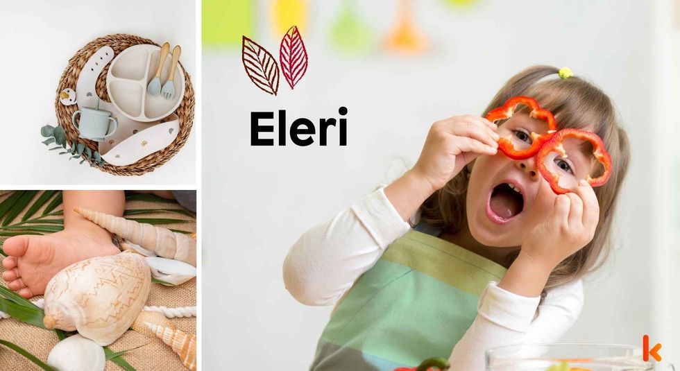 Baby name Eleri - happy girl, feet, seashells, plate, bib