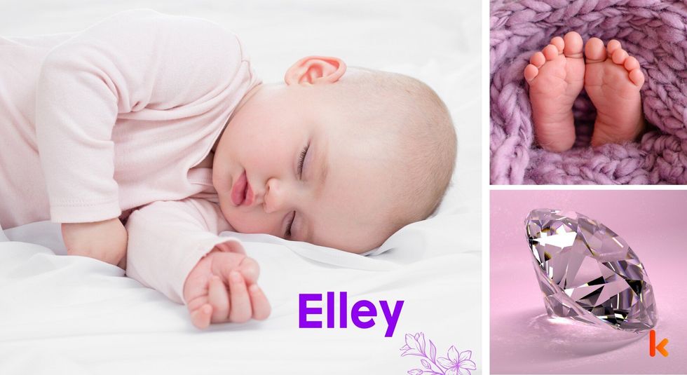 Baby Name Elley - cute baby, dimond, baby foot in knitted blanket.