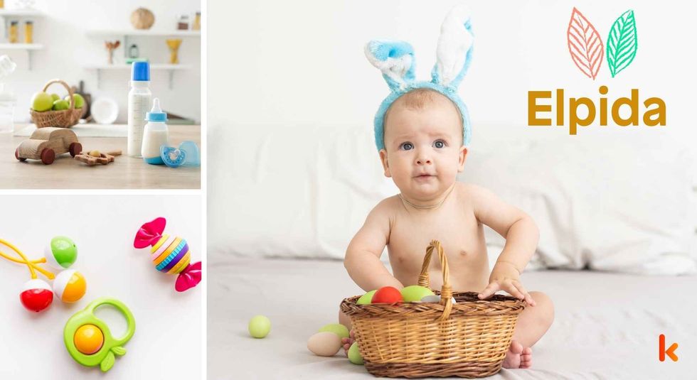 Baby name Elpida - cute baby, wooden toys, milk bottle & teethers.