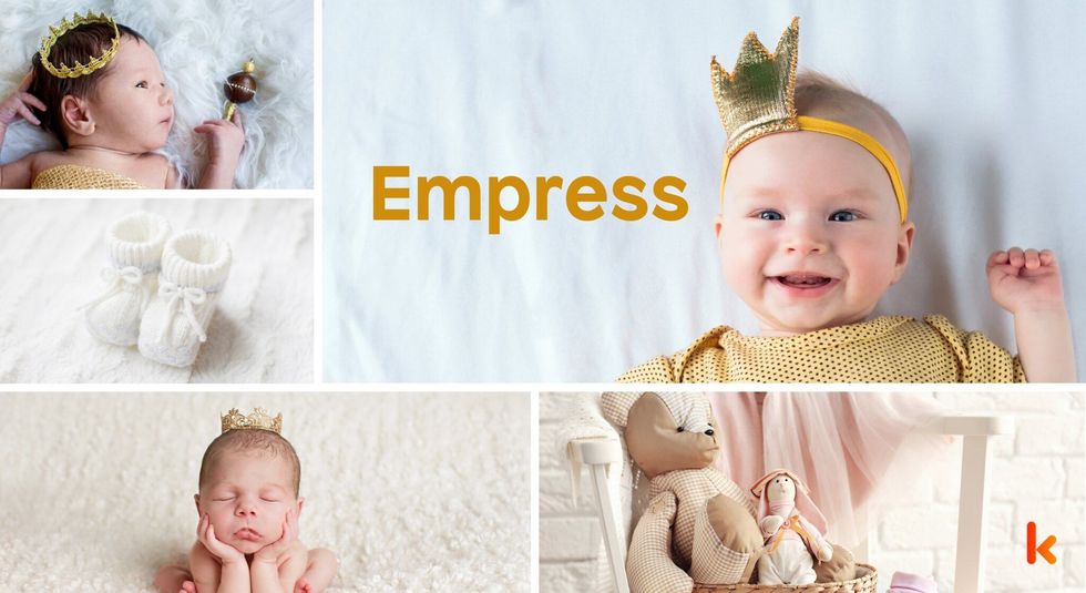 Baby Name Empress - cute baby, golden crown, white booties & toys