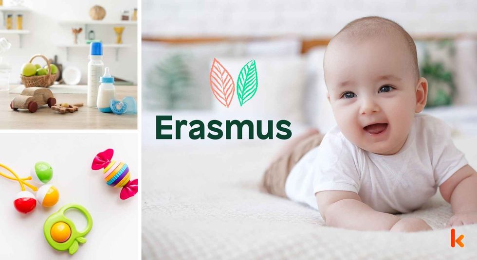 Baby name Erasmus - cute baby, wooden toys, milk bottle & teethers.