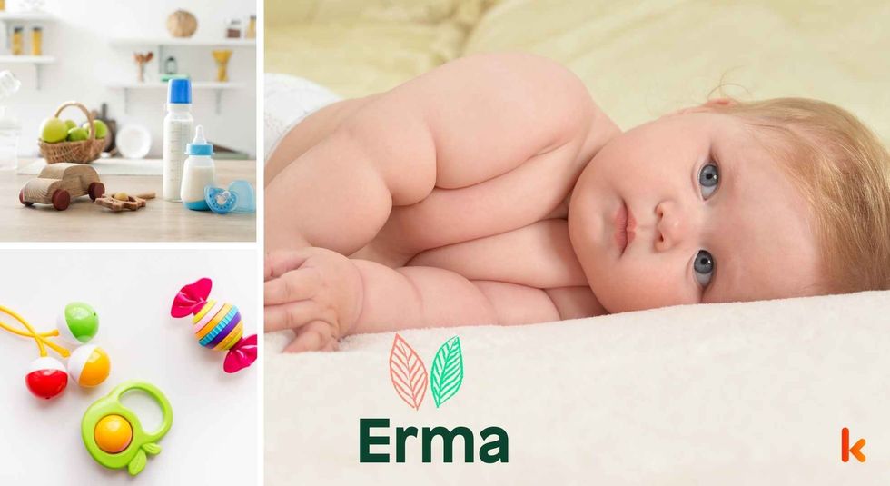 Baby name Erma - cute baby, wooden toys, milk bottle & teethers.