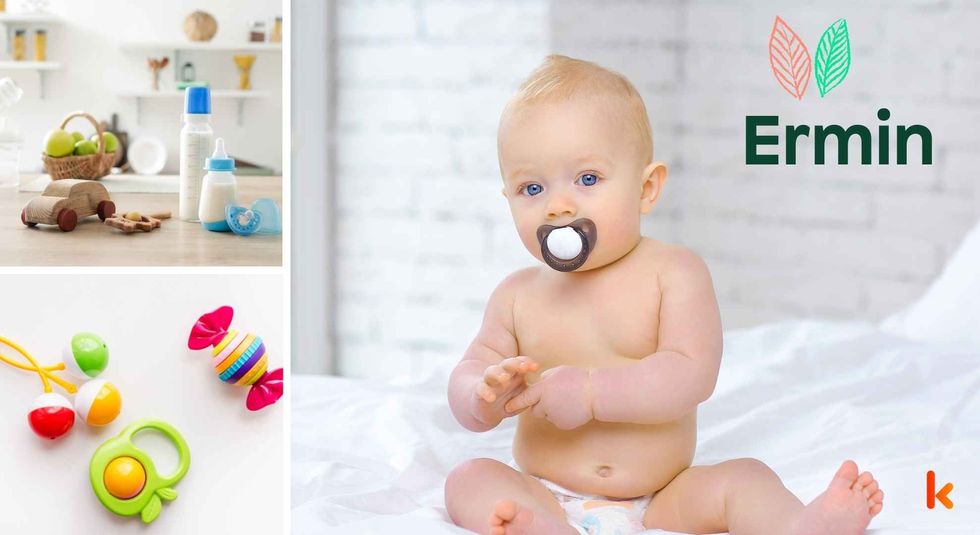 Baby name Ermin - cute baby, wooden toys, milk bottle & teethers.