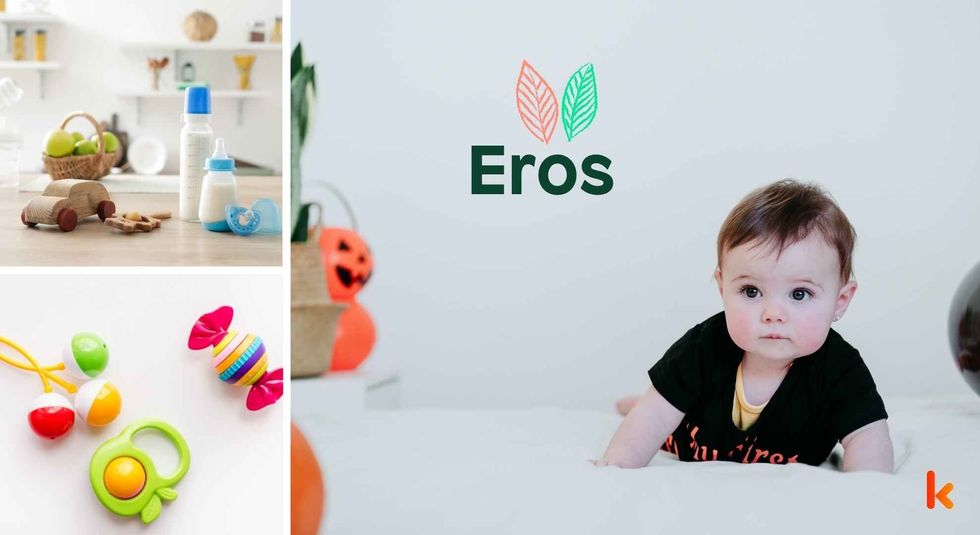 Baby name Eros - cute baby, wooden toys, milk bottle & teethers.