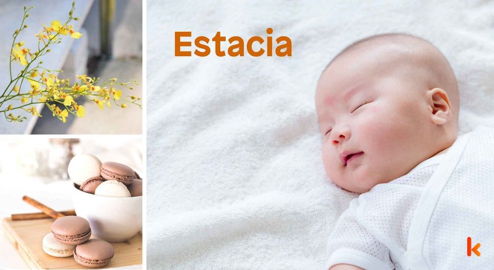Baby name Estacia - cute baby, flowers, macarons