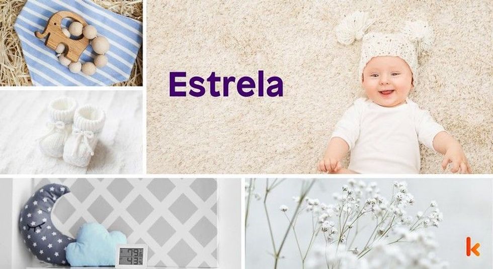 Baby name estrela - cute baby, teether, white booties, pillows & flowers.
