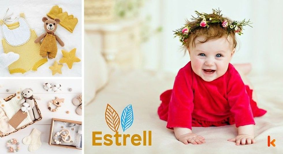 Baby name estrell - baby teethers in basket & clothes with teddy bear