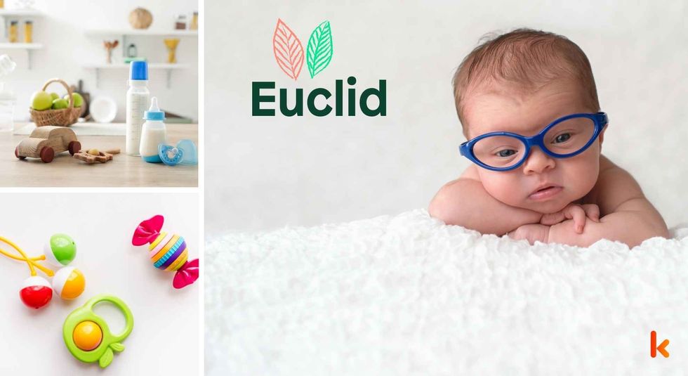 Baby name Euclid - cute baby, wooden toys, milk bottle & teethers.