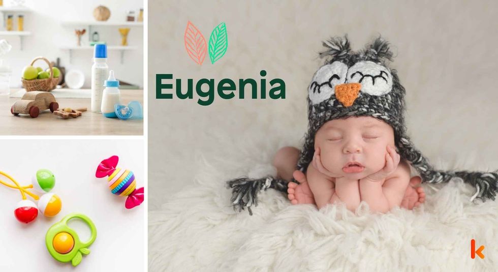 Baby name Eugenia - cute baby, wooden toys, milk bottle & teethers.