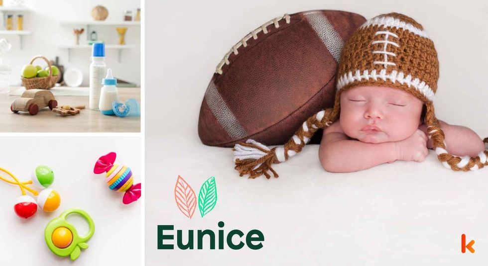 Baby name Eunice - cute baby, wooden toys, milk bottle & teethers.