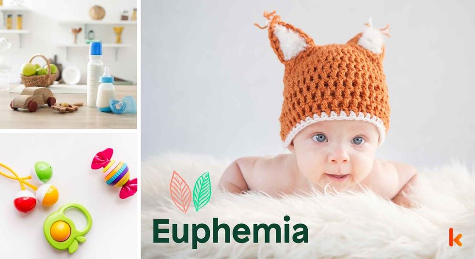 Baby name Euphemia - cute baby, wooden toys, milk bottle & teethers.