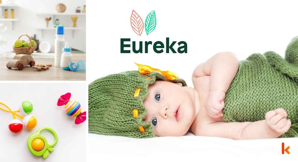 Baby name Eureka - cute baby, wooden toys, milk bottle & teethers.