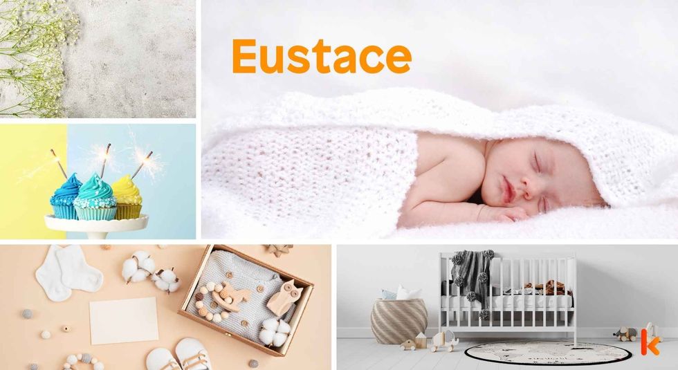 Baby name Eustace - Cute baby, knitted clothes, cupcakes, booties, cradle & flowers.