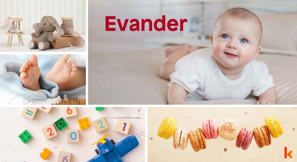 Baby name Evander - cute baby, macarons, feet, crochet toy