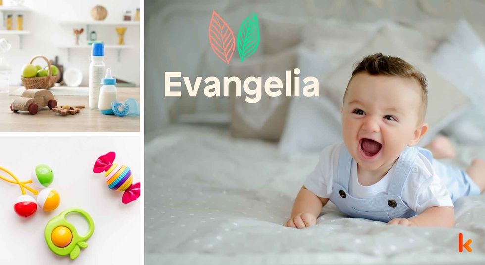 Baby name Evangelia - cute baby, wooden toys, milk bottle & teethers.