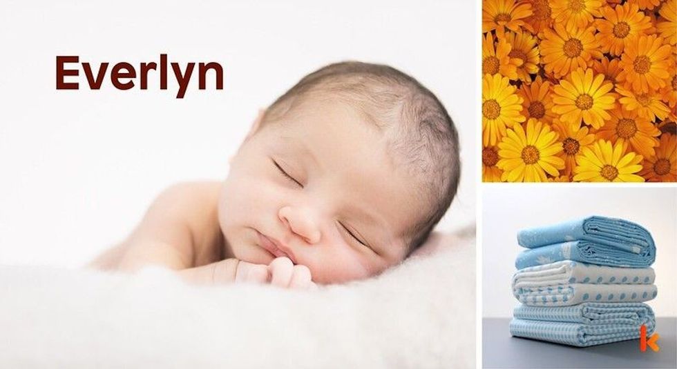 Baby name Everlyn - cute baby, blanket, flowers