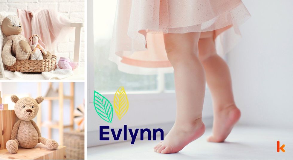 Baby Name Evlynn - cute baby, flowers, teddy and toys.