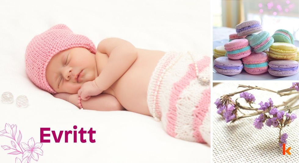 Baby name evritt - cute baby, colorful macarons & purple flowers.