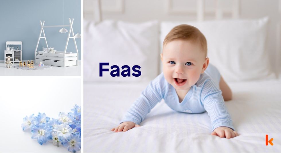 Baby Name Faas - cute baby, blue Flower, lying on blanket.
