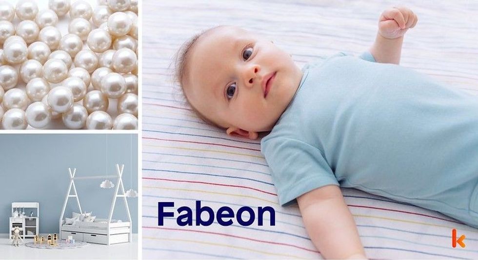 Baby Name Fabeon - cute baby, lying on blanket. 