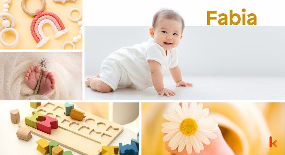 Baby name fabia - yellow flower, toys & baby feet