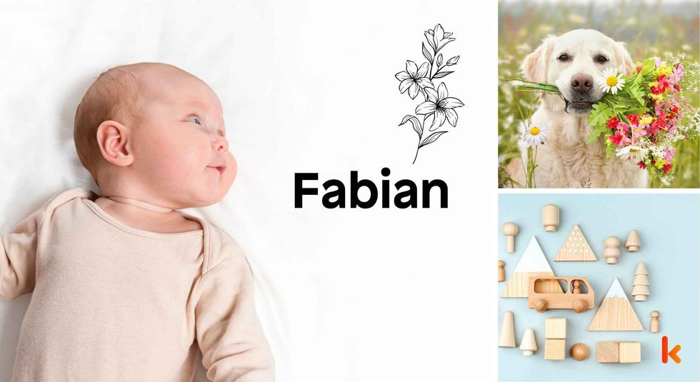 Baby name Fabian - cute baby, dog & flowers, toys