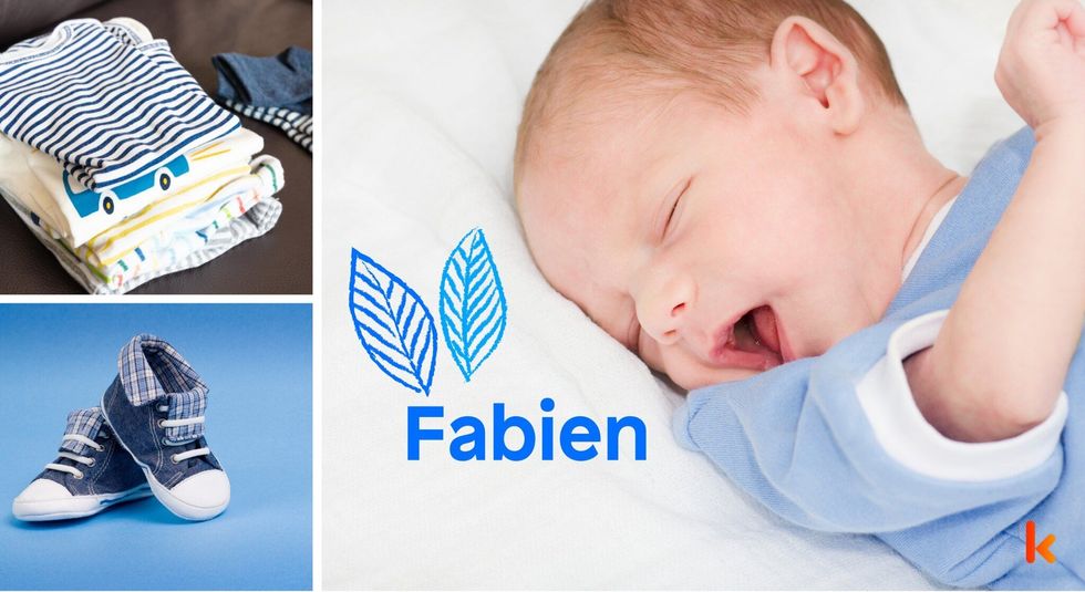 Baby Name Fabien - cute baby, flowers, dress, shoes and toys.