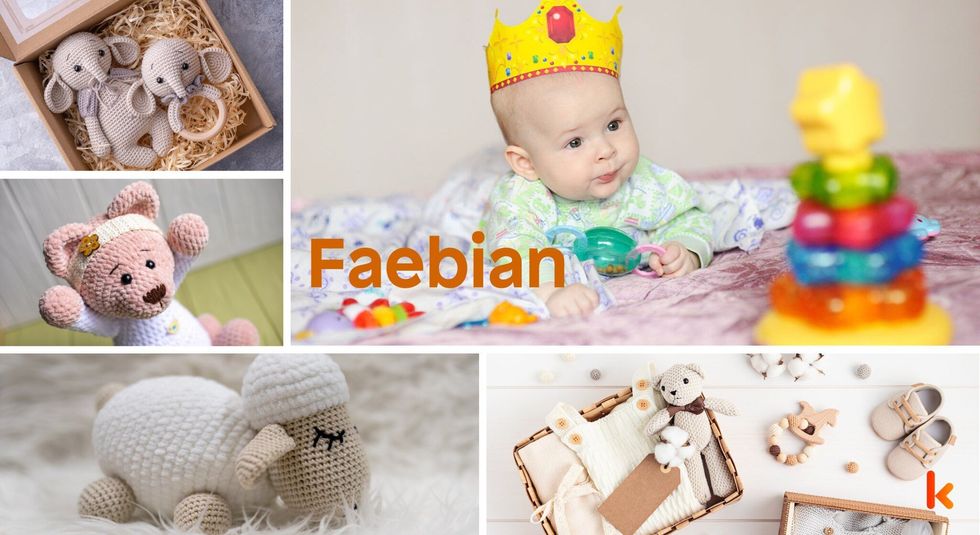 Baby name faebian - knitted soft toys in basket & booties