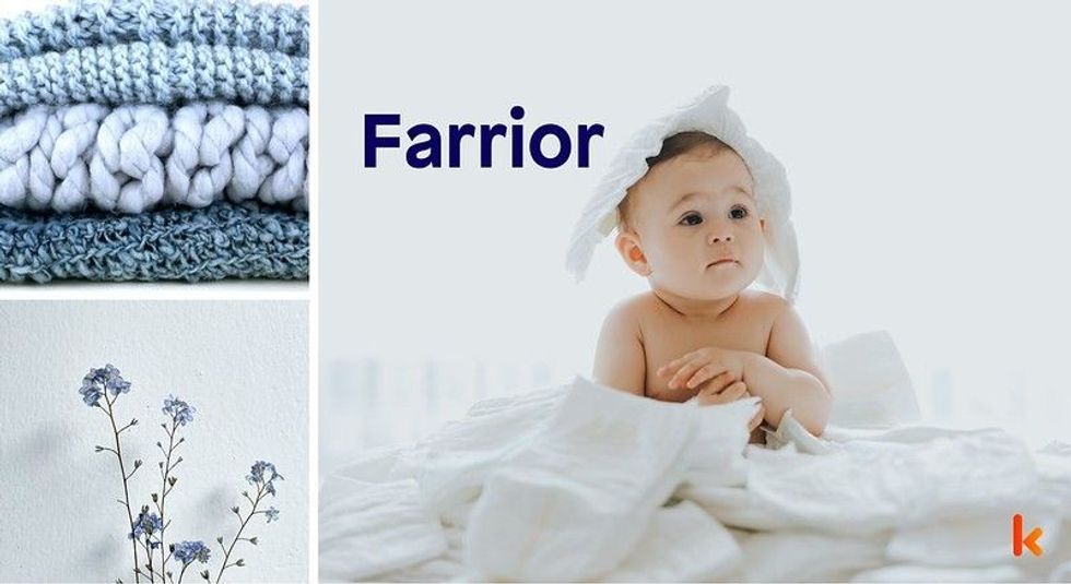 Baby Name Farrior - cute baby, blue Flower, lying on blanket.