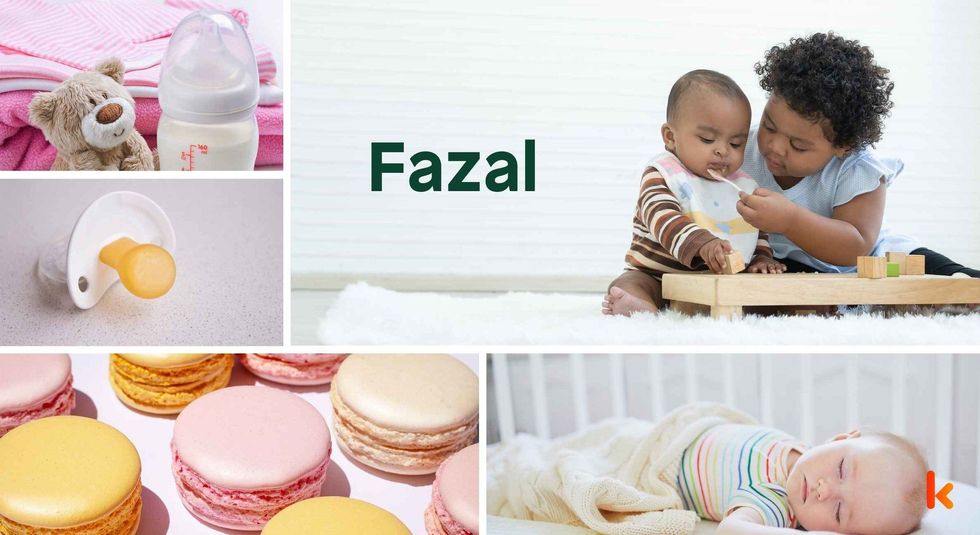 Baby name Fazal - cute baby, bottle, pacifier, macarons & baby crib