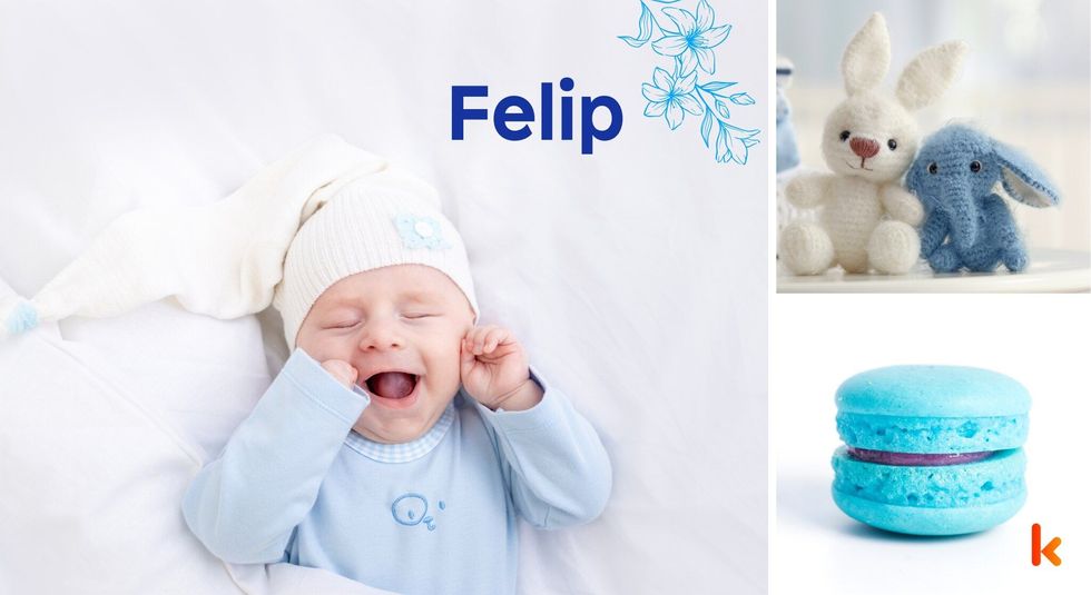 Baby name felip - cute baby, macaron & toys.