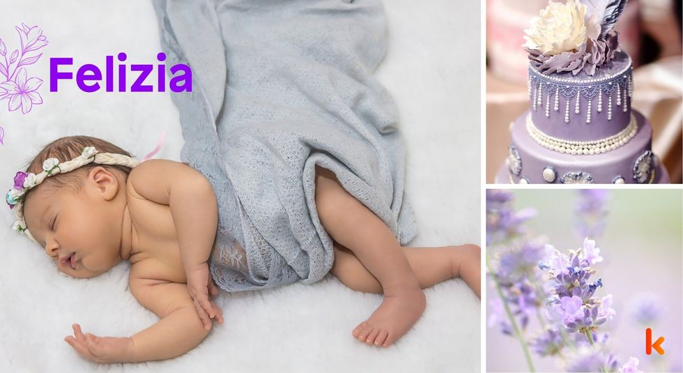 Baby Name felizia - cute baby, purple cake & flowers.