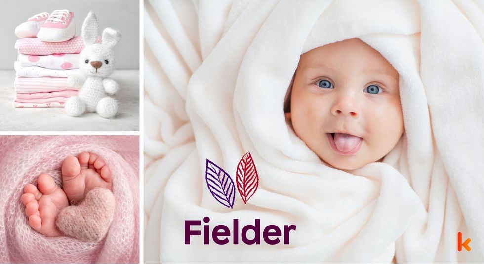 Baby name fielder - cute baby, pink heart, clothes & booties.