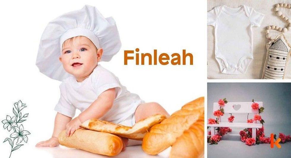 Baby name Finleah - cute baby, clothes & flower bench.