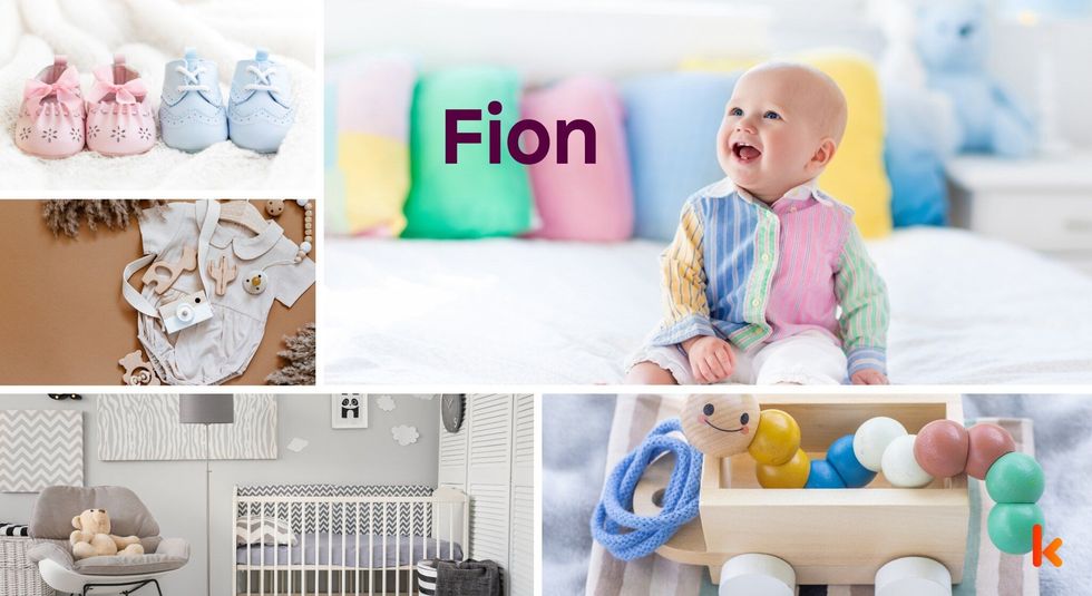 Baby name Fion - cute baby, clothes, crib, toys, shoes.