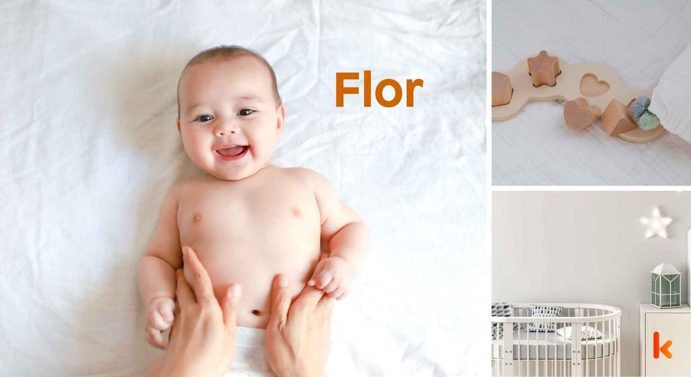 Baby name Flor - cute baby, crib, toys